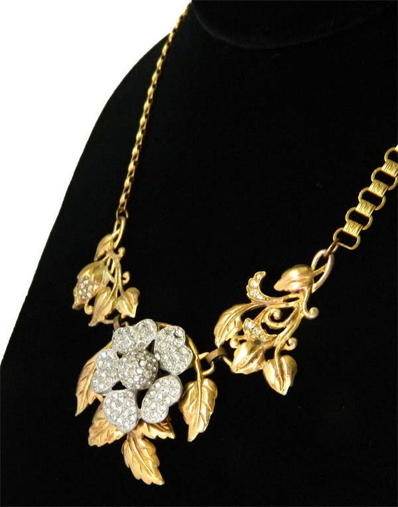 Vintage 1930s Rhinestone Flower Pendant Necklace - image 1