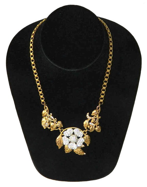 Vintage 1930s Rhinestone Flower Pendant Necklace - image 2