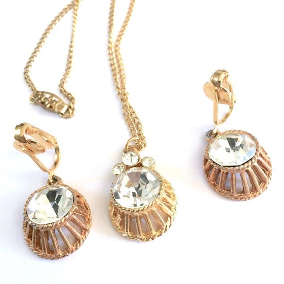 Vintage Rhinestone Pendant Necklace And Earring S… - image 2