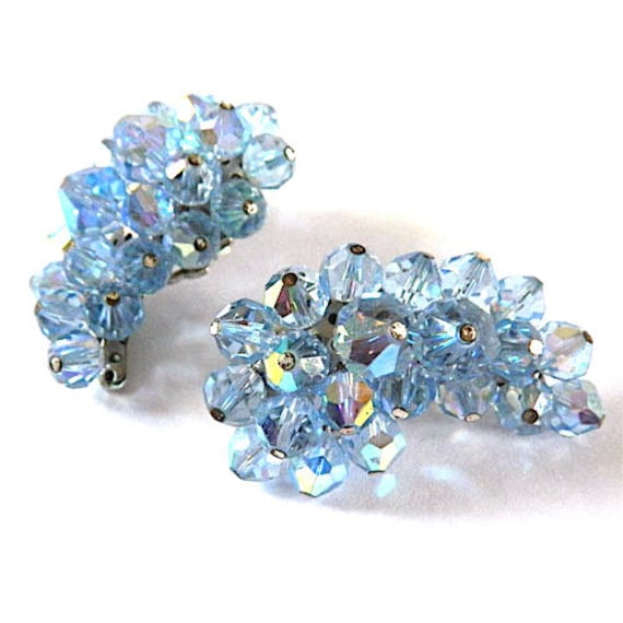 Vintage 1950s Blue Aurora Borealis Crystal Earrin… - image 2