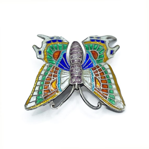 Vintage Sterling Silver Enameled Butterfly Brooch - image 1