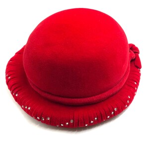 Vintage 1950s Red Velour Hat with Rhinestone Trim