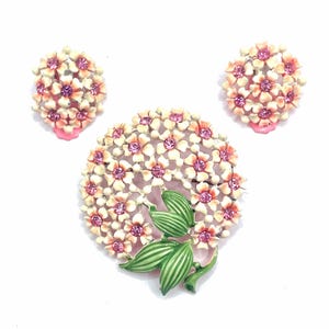 Vintage Strass emaillierte Blumen Brosche und Ohrringe