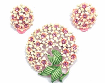 Vintage Rhinestone Enameled Flower Brooch and Earrings