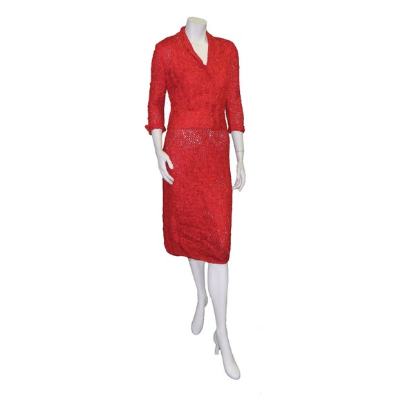 Vintage 1950s Red Silk Ribbon Dress and Matching … - image 8