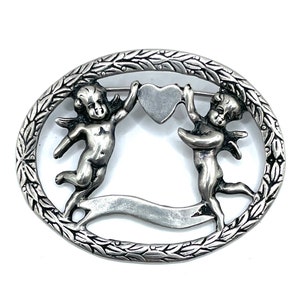 Antique Cupid Brooch Sterling Silver Cherubs and Heart