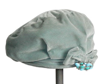 Vintage Celadon Blue Velvet Tam Hat