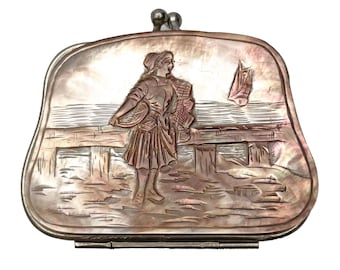 Antique Carved Mother Of Pearl Coin Purse