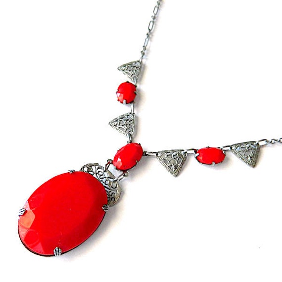 Antique 1920s Art Deco Filigree Red Pendant Neckl… - image 2