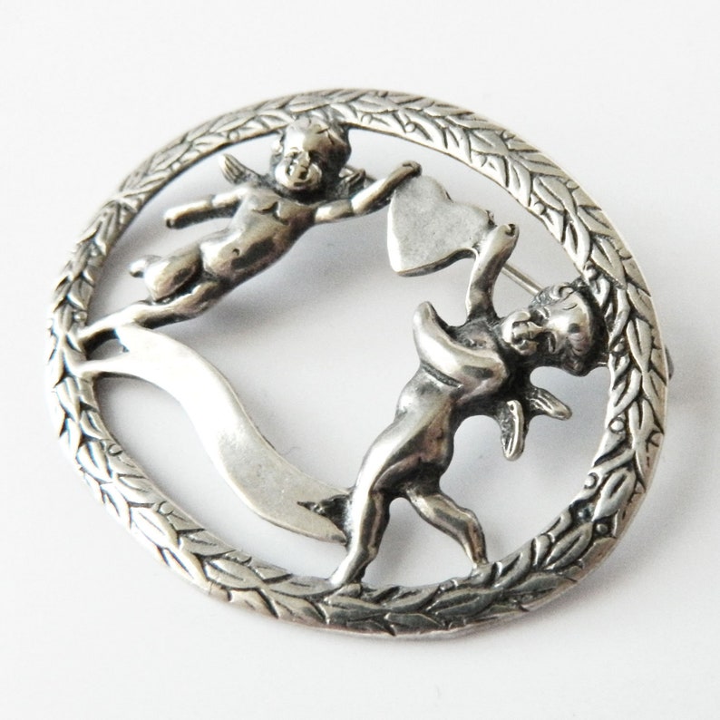 Antique Love Brooch Sterling Silver Cherubs and Heart