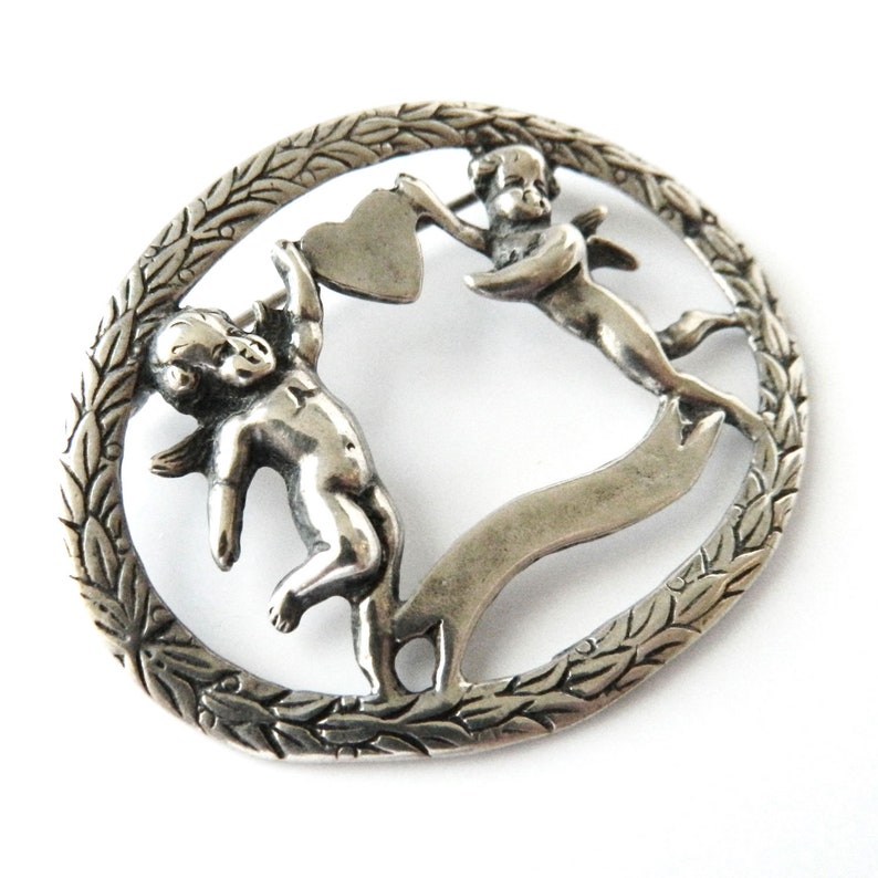 Antique Love Brooch Sterling Silver Cherubs and Heart