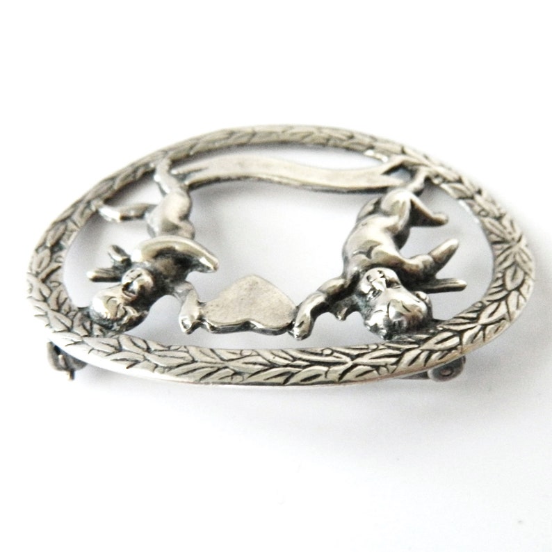 Antique Love Brooch Sterling Silver Cherubs and Heart