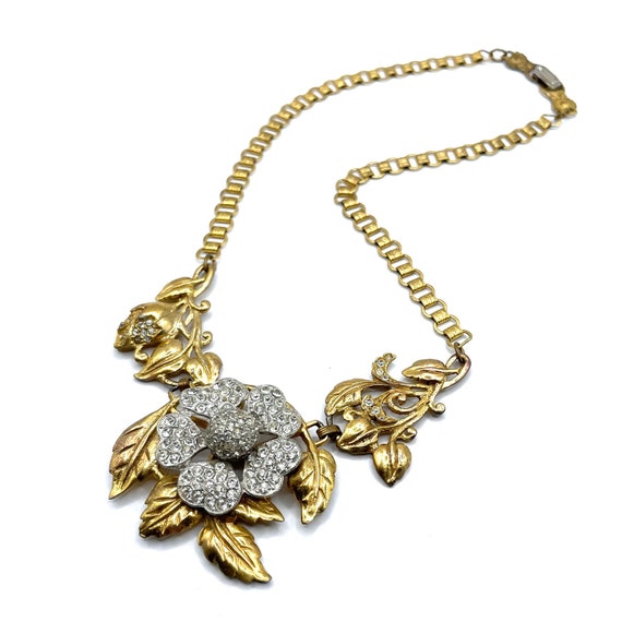 Vintage 1930s Rhinestone Flower Pendant Necklace - image 3