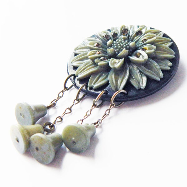 Vintage 1930s Celluloid Rhinestone Chatelaine Flower Brooch