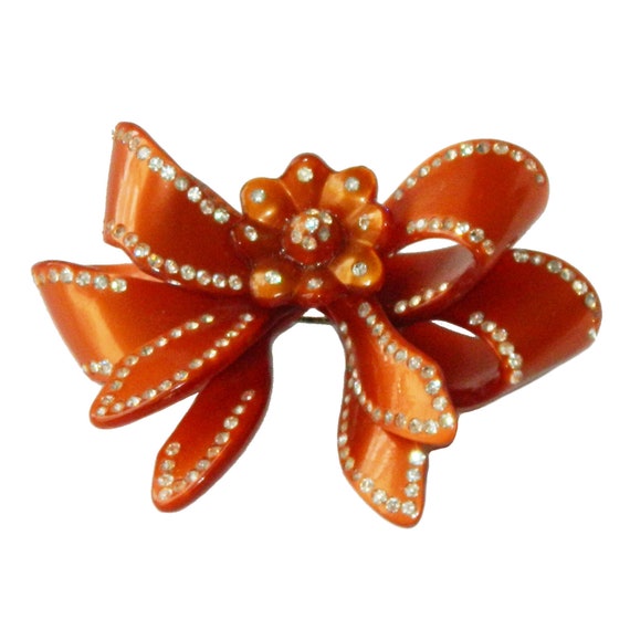 Vintage 1930s Floral Rhinestone Ribbon Bow Brooch - image 1