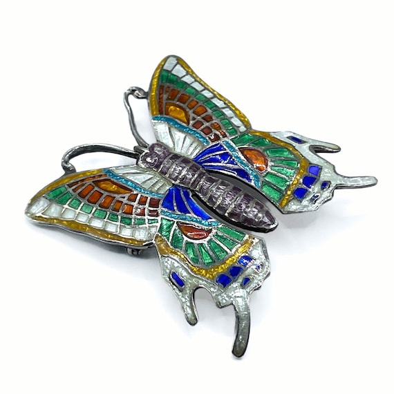 Vintage Sterling Silver Enameled Butterfly Brooch - image 2