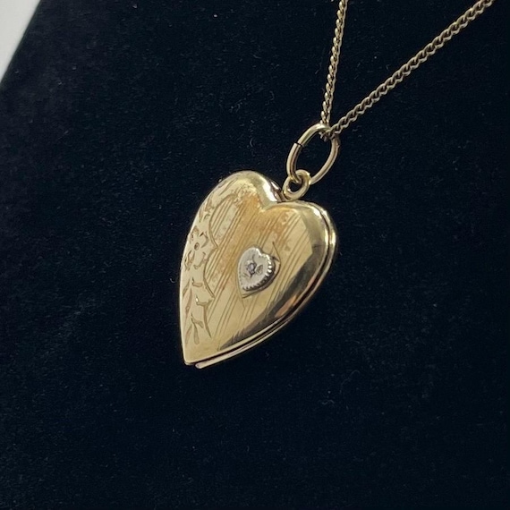 Vintage Gold Filled Heart Locket Diamond Pendant Necklace