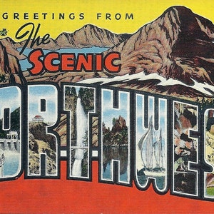 Carte postale vintage des années 40 Salutations du nord-ouest pittoresque