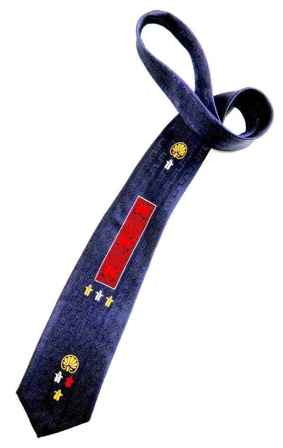 Vintage 1950s Blue and Red Brocade Tie - image 1