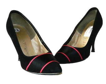 Zapatos de tacón vintage de ante negro de los años 50, talla 5 1/2 A