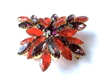 Vintage 1950s Red and Purple Marquise Rhinestone Brooch