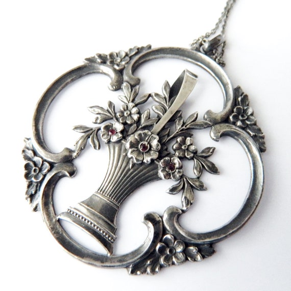 Vintage 1930s Silver Flower Pot Pendant Necklace - image 7