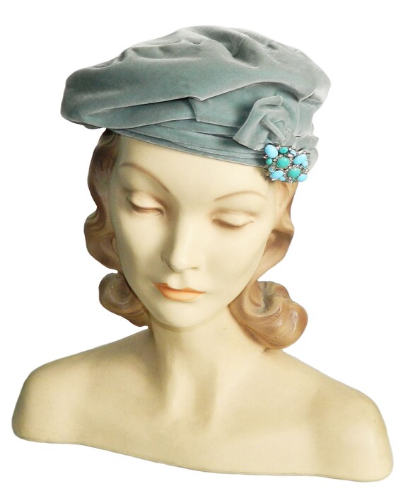 Vintage Celadon Blue Velvet Tam Hat - image 3