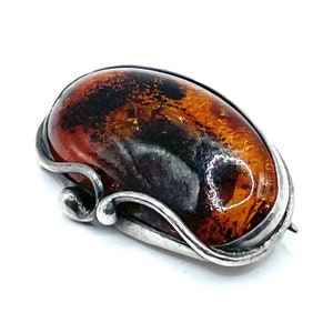 Vintage Sterling Silver Baltic Amber Brooch Made In Poland