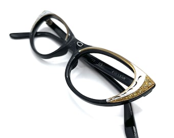 Vintage 1950s Rhinestone Studded Eyeglass Frames Silver and Black Cat Eye