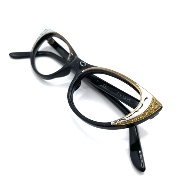 Oprawki okularów z lat 50. XX wieku z kryształkami w kolorze srebrnym i czarnym w kształcie kociego oka