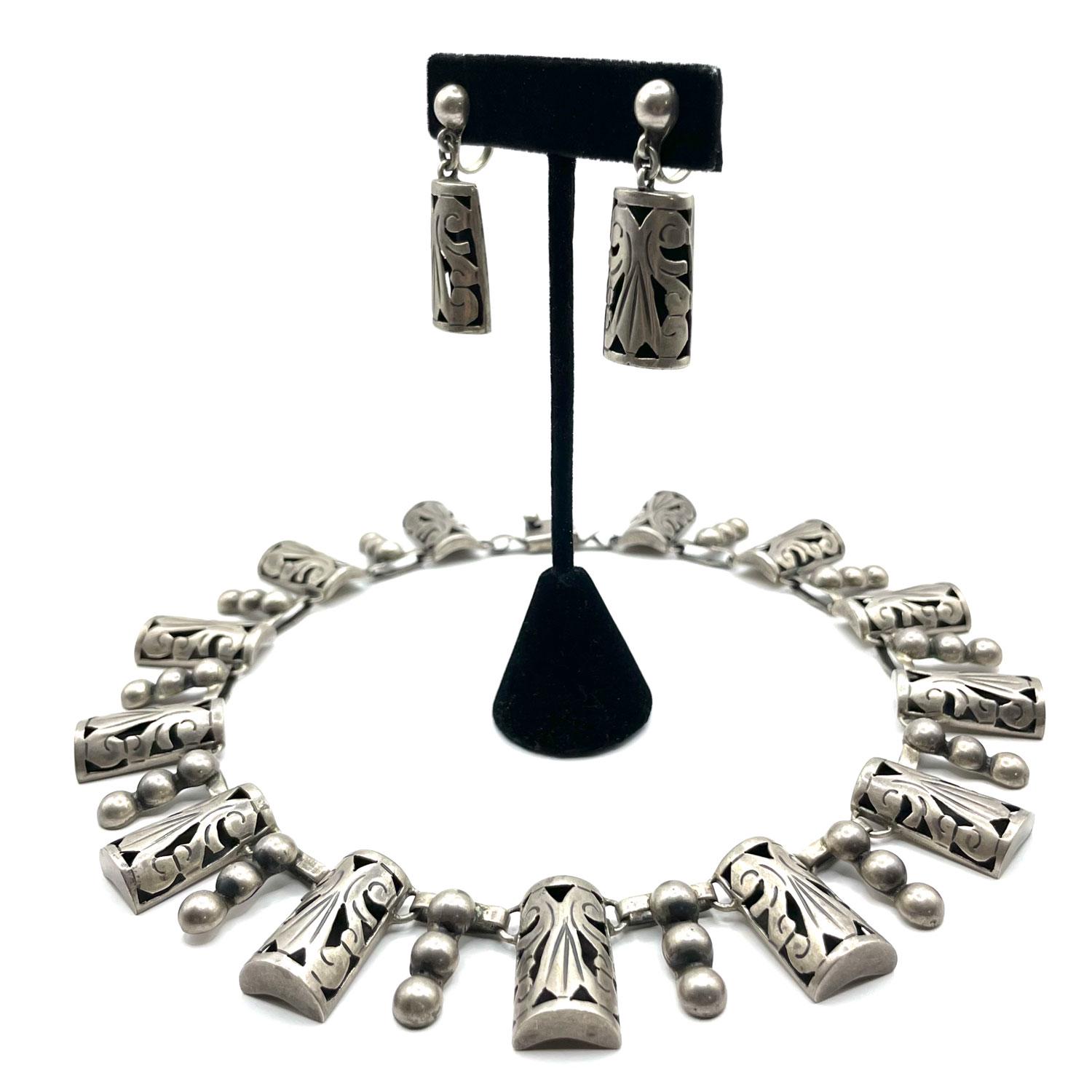 Vintage 1950s Mexican Sterling Silver Necklace Earrings and