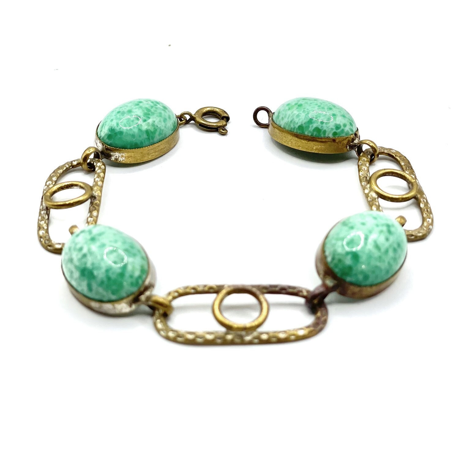 Bracelet Scandinave Antique En Chrysoprase Naturelle Et Perles - Bijou Ancien Occasion