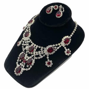 Vintage 1950s Red and Clear Rhinestone Necklace and Earring Set by Kramer