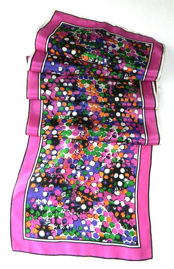 Vintage Long Silk Colorful Scarf Abstract Print