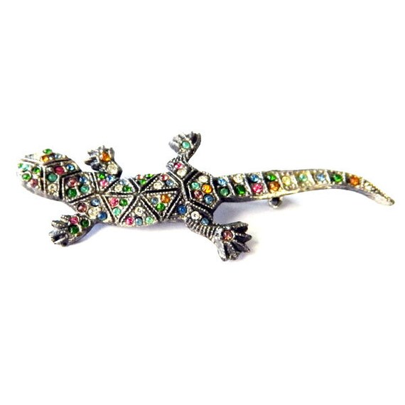 Vintage 1940s Multi Color Rhinestone Chameleon Ge… - image 5