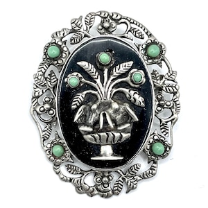 Broche vintage de plata de ley con forma de maceta, turquesa y ónix negro