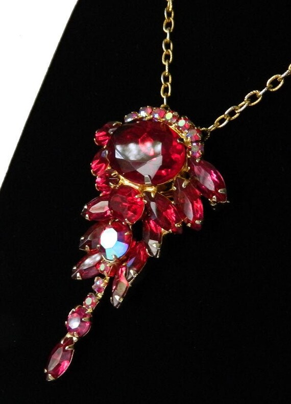 Vintage 1950's Red Rhinestone Pendant Brooch