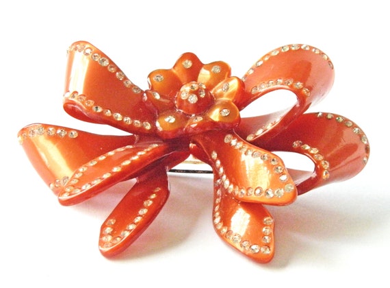 Vintage 1930s Floral Rhinestone Ribbon Bow Brooch - image 7