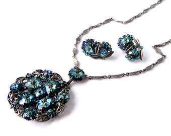 Ensemble collier et boucles d'oreilles en strass Margarita Hollycraft des années 1950