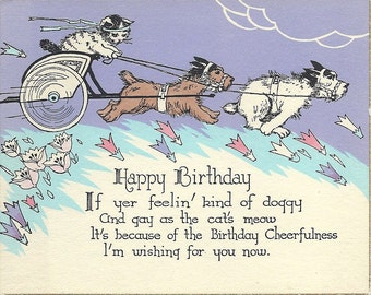 Antique Birthday Postcard with Cat and Scottie Dogs Gay As The Cat's Meow