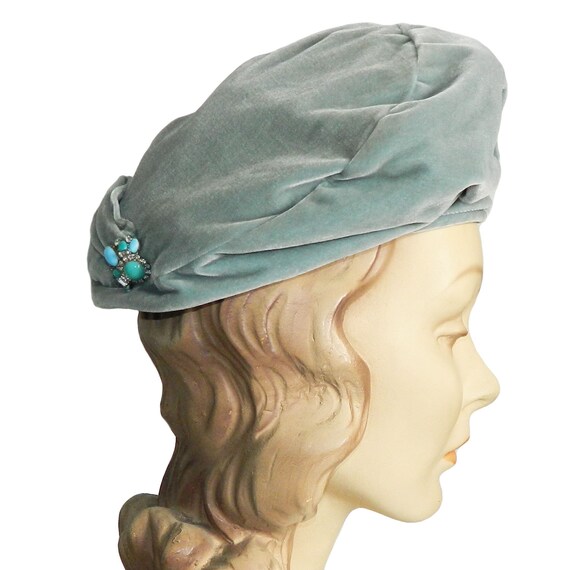 Vintage Celadon Blue Velvet Tam Hat - image 4