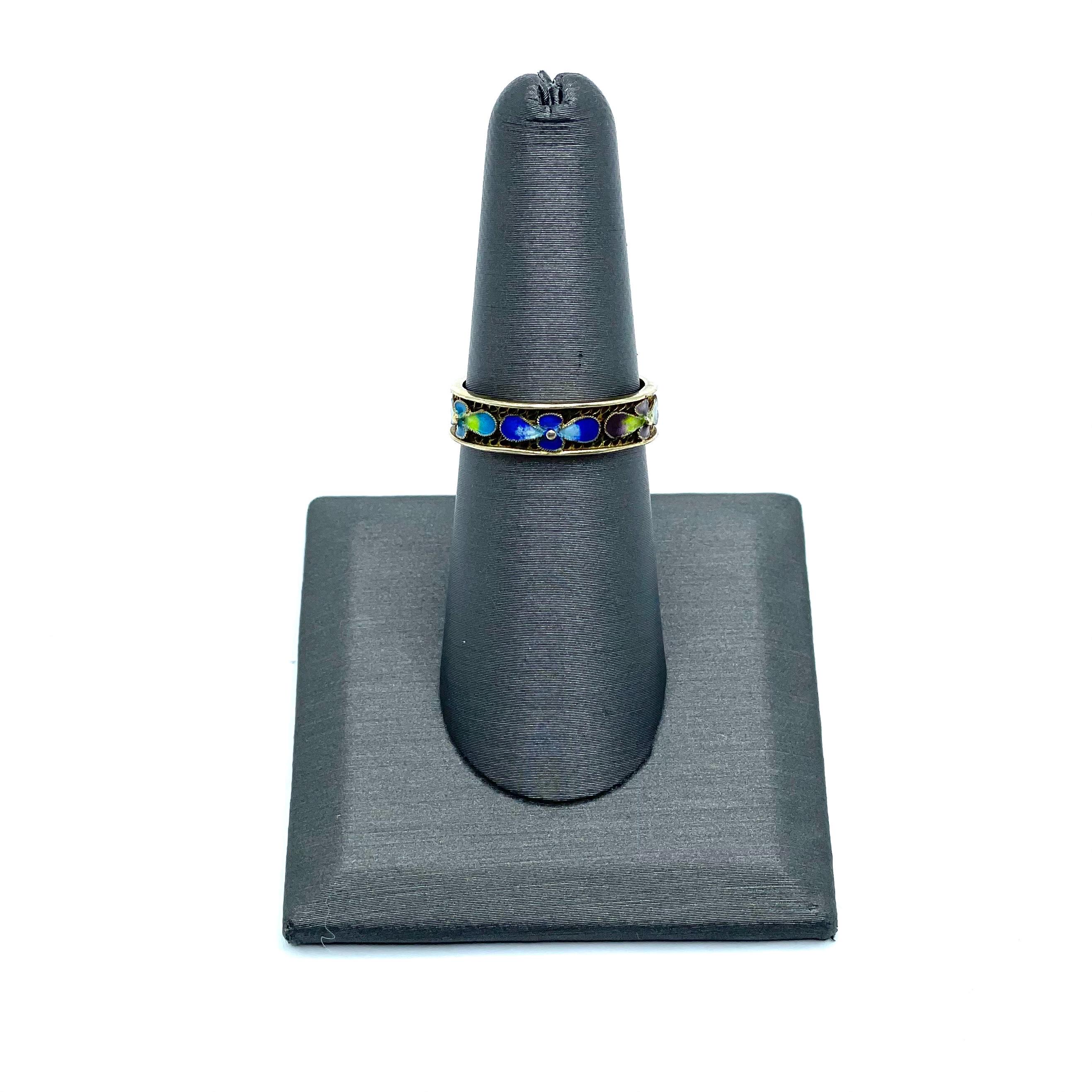 Bague Vintage Années 60 En Argent Filigrané Et émail Rouge/bleu - Taille 57, Pierre Malachite - Occasion