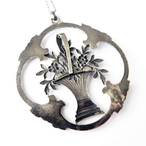 Vintage 1930s Silver Flower Pot Pendant Necklace - image 3