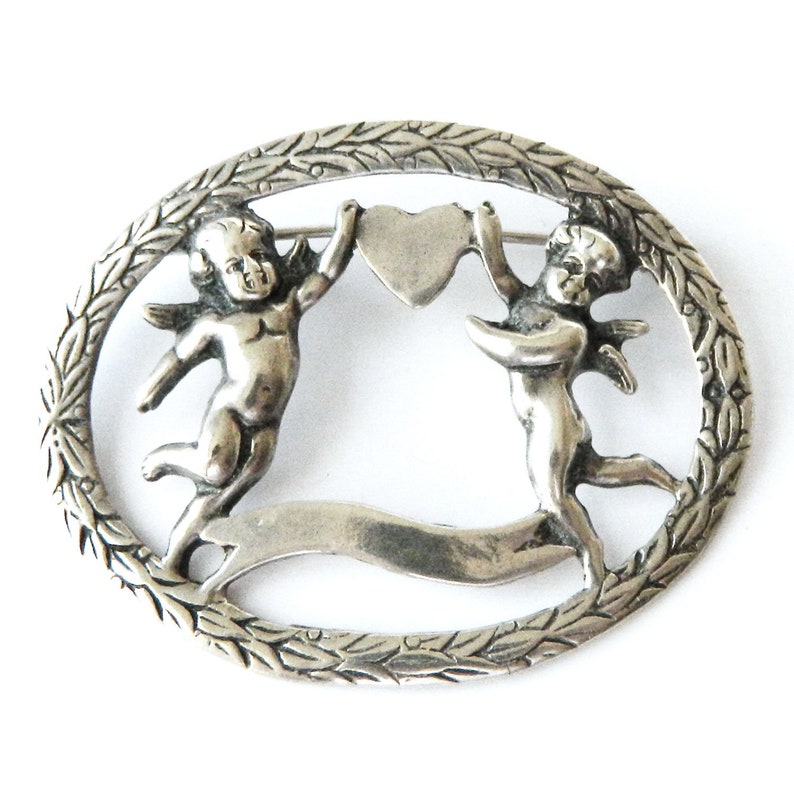 Antique Love Brooch Sterling Silver Cherubs and Heart