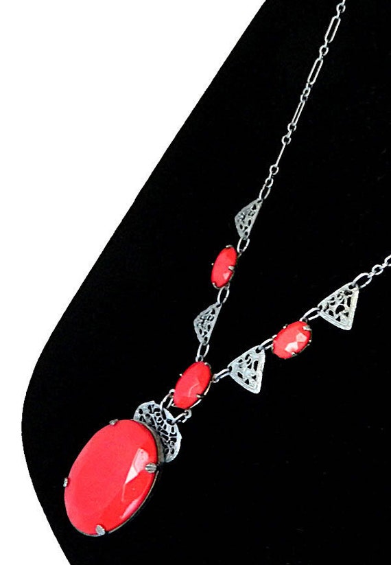 Antique 1920s Art Deco Filigree Red Pendant Neckla