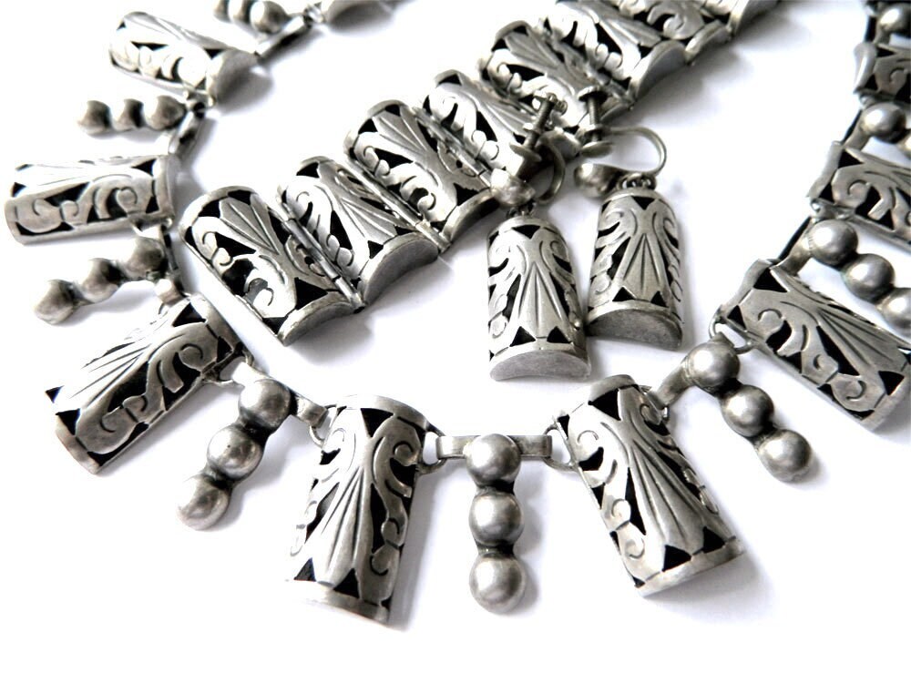 Vintage 1950s Mexican Sterling Silver Necklace Earrings and