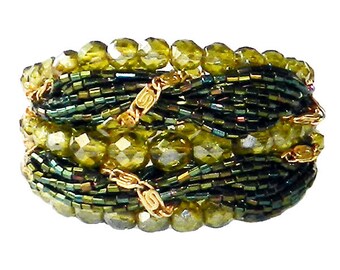 Vintage 1950s Olive Green Beaded Wrap Bracelet