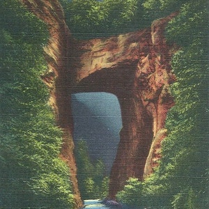 Carte postale de Virginie vintage des années 30, pont naturel, éclairage nocturne