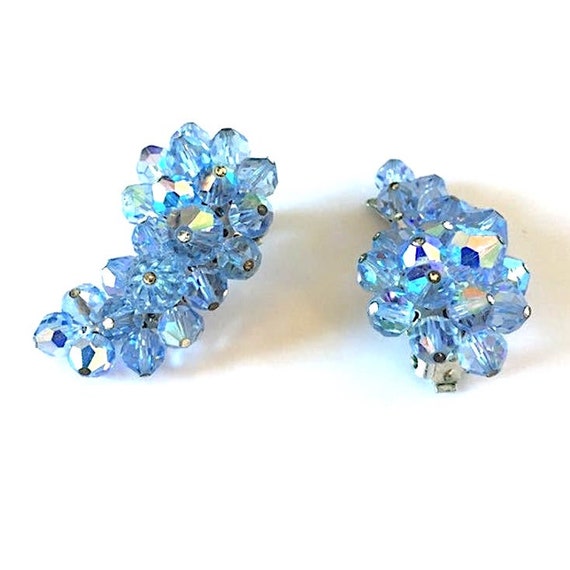 Vintage 1950s Blue Aurora Borealis Crystal Earrin… - image 4