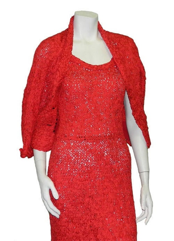 Vintage 1950s Red Silk Ribbon Dress and Matching … - image 1